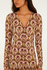 Garden Medal Long Sleeve Ruched Mini Dress