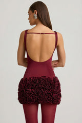 Satin Floral Appliqu¨¦ Open-Back Mini Dress in Wine Red