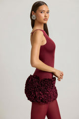 Satin Floral Appliqu¨¦ Open-Back Mini Dress in Wine Red
