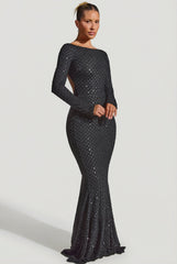 Embellished Open-Back Gown in Black