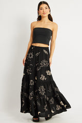 Black Abstract Maxi Skirt Tiered High Rise Elastic Waistband