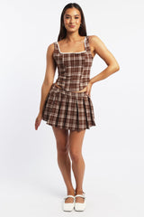 Beige Check Mini Skirt Skort Mid Rise Pleated Stretch Lining