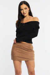 Beige Suede Mini Skort Skirt Mid Rise Faux Leather