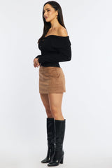 Beige Suede Mini Skort Skirt Mid Rise Faux Leather