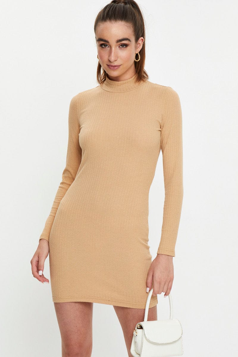 Beige Ribbed Bodycon Dress