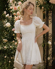 Apricot U Neck Puffed Sleeve Lace Mini Dress