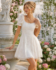 Apricot U Neck Puffed Sleeve Lace Mini Dress