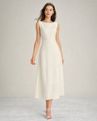 Apricot Boat Neck Pearl Satin Midi Dress